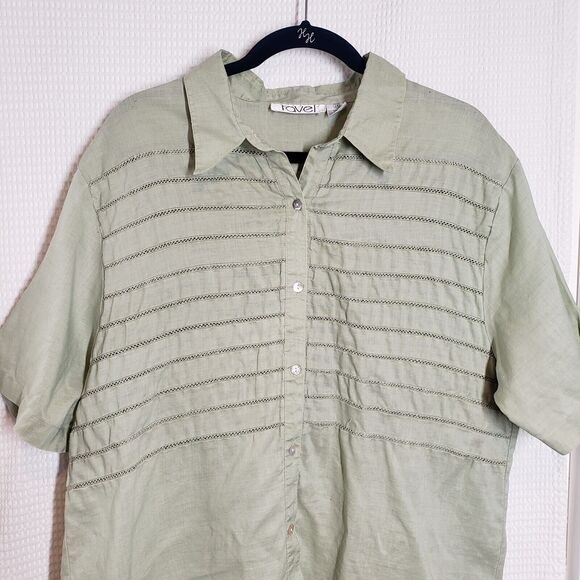Vintage Ravel Button Up Shirt Women 2X Sage Green Short Sleeve Ramie Coastal - Picture 13 of 16